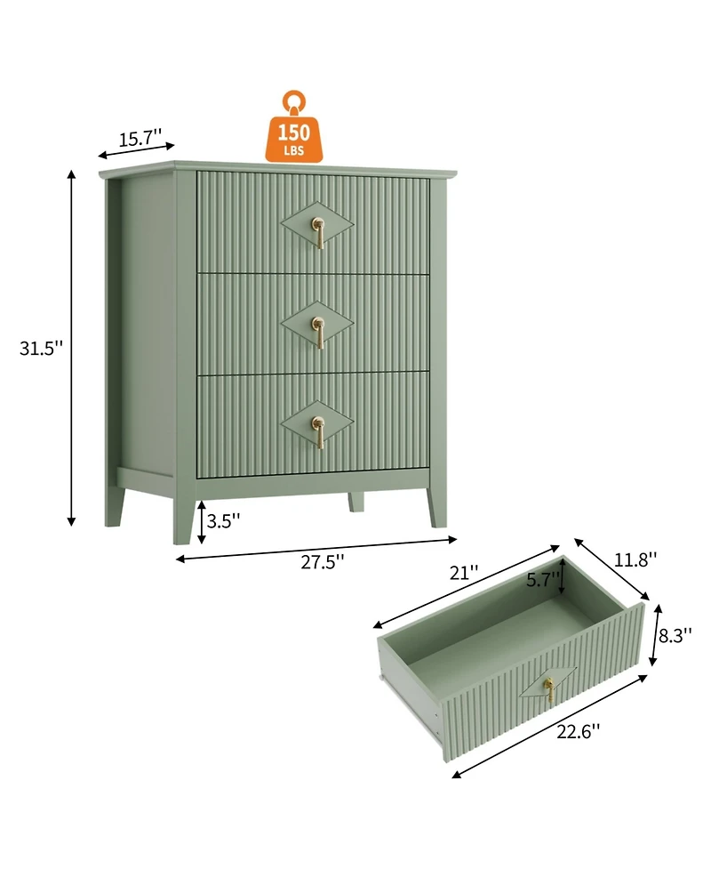 homfan Fluted 3-Drawer Nightstand Dresser with Metal Handles, 27.5" Wide Storage End Table for Bedroom, Living Room, Hallway