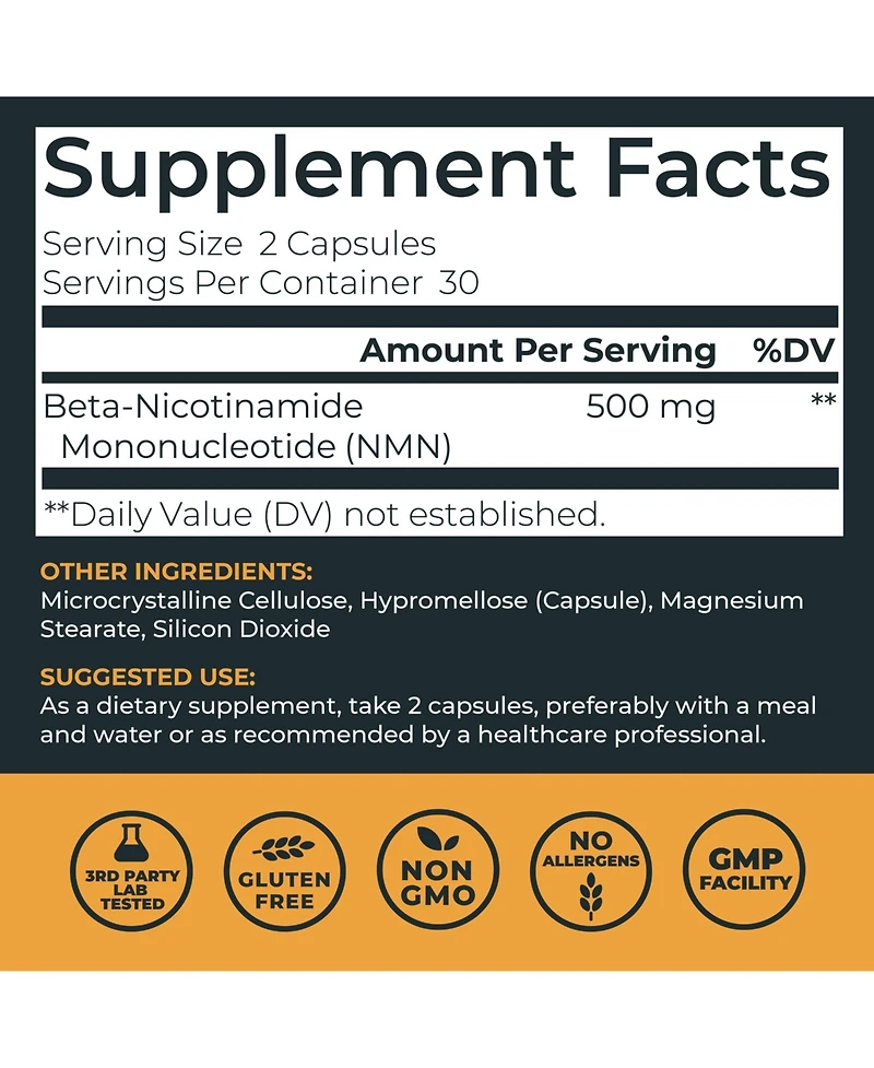 Left Coast Performance Nmn Supplement 500 Milligram Nicotinamide Mononucleotide Capsules for Cellular Energy and Healthy Aging, 60 Count