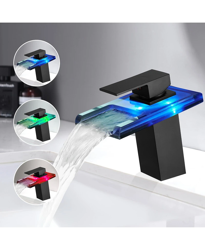 Phying Bathroom Sink Faucet Led Light 3 Colors Changing Waterfall Glass Spout Hot Cold Water Mixer Single Handle One Hole Deck Mounted Bathroom Faucet