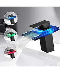 Phying Bathroom Sink Faucet Led Light 3 Colors Changing Waterfall Glass Spout Hot Cold Water Mixer Single Handle One Hole Deck Mounted Bathroom Faucet