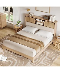 homfan Rattan Bed Frame with Shelves, Boho Bed Frame with Shelf Headboard Sliding Door, Wood Foundation with Silent Slats, No Box Spring Needed