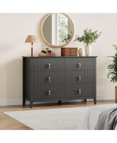 homfan Fluted 6-Drawer Dresser Chest with Metal Handles, 47.2" Wide Wood-Look Storage Organizer for Bedroom, Living Room, Hallway
