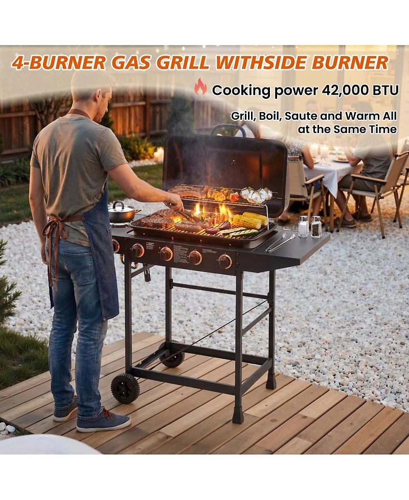 Streamdale Furniture 4-Burner Propane Gas Bbq Grill with Side Burner and Stainless Steel Finish