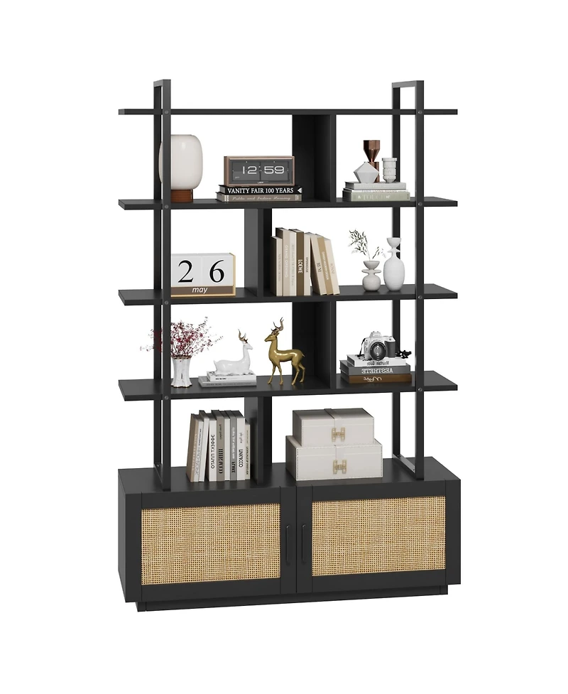 gaomon 5-Tier Tall Rattan Office Bookshelf - 71.1 Inch Industrial Bookcase - Storage Cabinet with Door - Metal Frame, Open Display Shelves