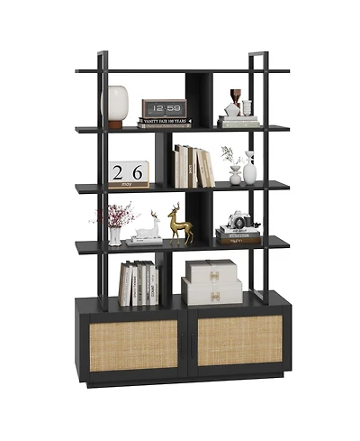 gaomon 5-Tier Tall Rattan Office Bookshelf - 71.1 Inch Industrial Bookcase - Storage Cabinet with Door - Metal Frame, Open Display Shelves