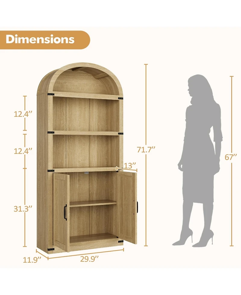 gaomon Bookcase with Doors Arched Bookshelf 71.65 Inch Tall Bookcase Farmhouse Cabinet with Shelves