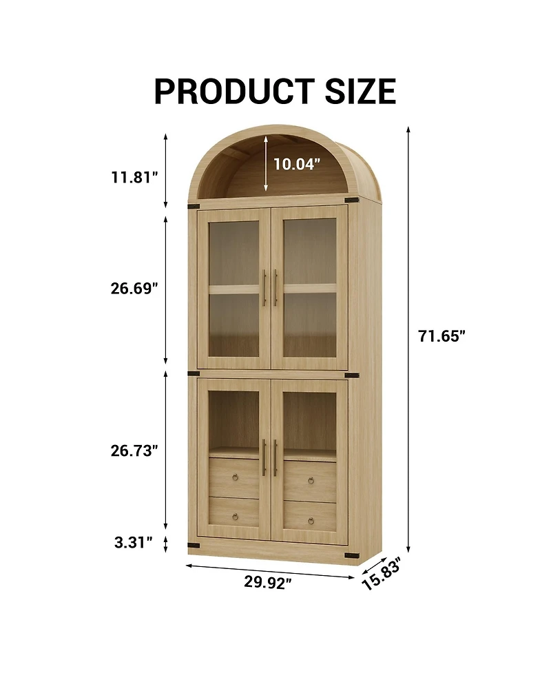 gaomon 71.7 Inch Tall Arched Bookcase, Glass Door Arched Cabinet with 2 Inner Drawers