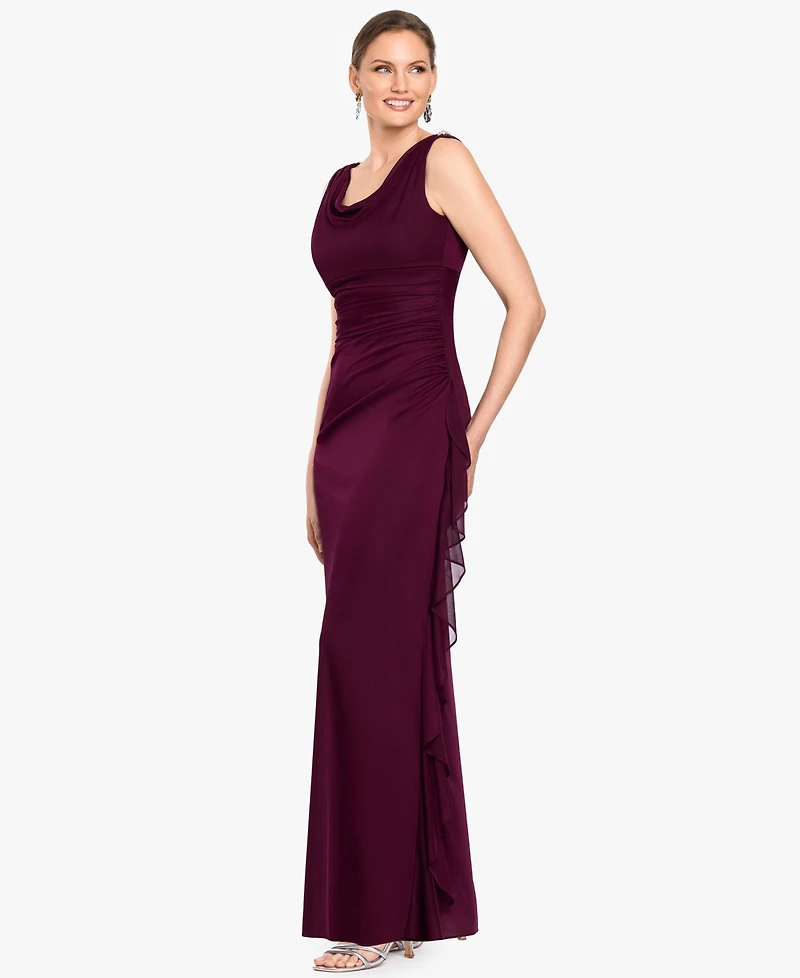B&A By Betsy and Adam Petite Ruffle Side Cowl Neck Ball Gown