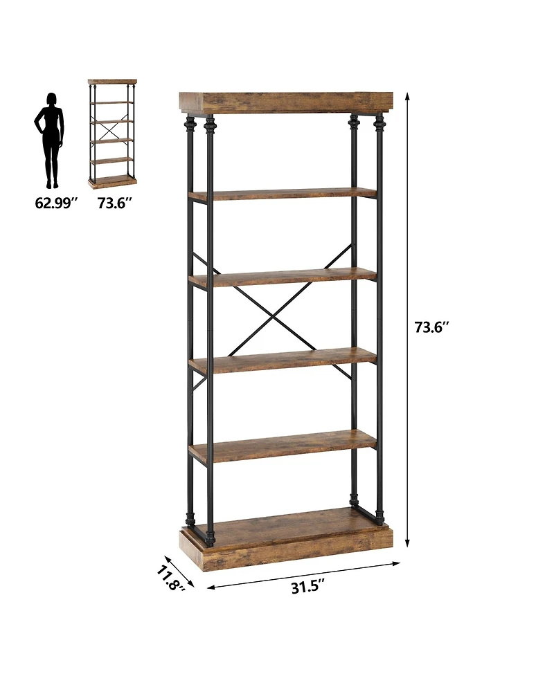 gaomon 6 Tier Bookshelf Industrial Bookcase Wood Storage Open Rack Shelf Metal Frame Rustic Tall Standing Bookshelves