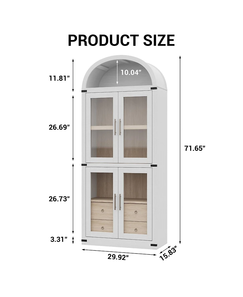 gaomon 71.7 Inch Tall Arched Bookcase, Glass Door Arched Cabinet with 2 Inner Drawers, Freestanding Arched Display Storage Cabinet