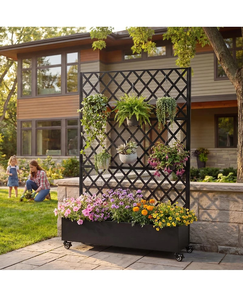 Streamdale Furniture Metal Raised Garden Bed with Wheels, Trellis, and Privacy Screen, 73"x47"x16