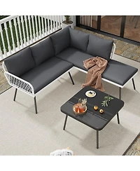 GarveeLife L-shaped Outdoor Furniture Set 4-Piece Patio Sectional Sofa with Handmade Rattan and Metal Frame, Conversation Couch Set