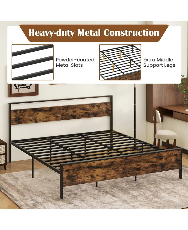 Slickblue Modern Industrial Bed Frame with Wood Headboard and Metal Base