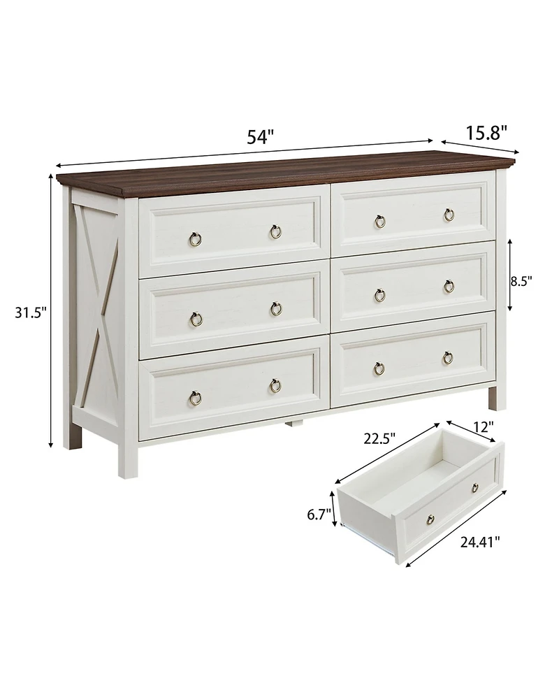 Rainsken Farmhouse 6 Drawers Dresser for Bedroom, Wood Rustic Dresser Tv Stand, for Bedroom, Living Room,Hallway