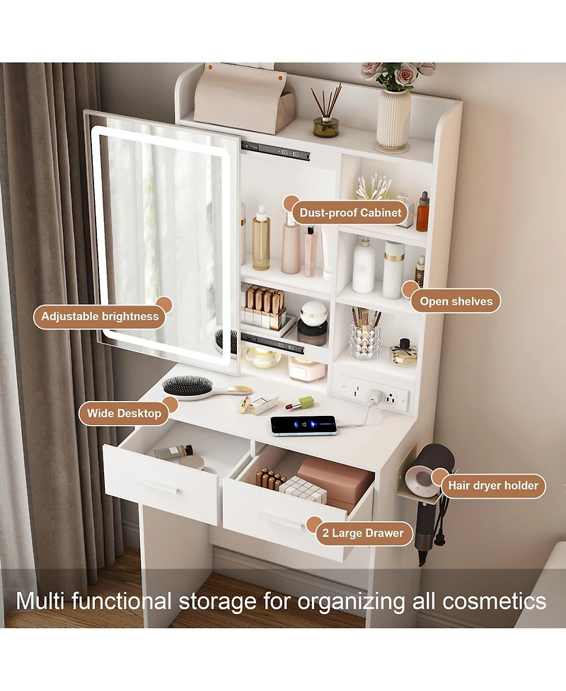 Rainsken Makeup Vanity Desk with Led Lighted Mirror, Dressing Table Set with Padded Stool, Power Outlet, 2 Drawers and 6 Shelves for Bedroom