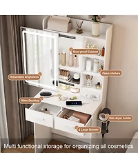 Rainsken Makeup Vanity Desk with Led Lighted Mirror, Dressing Table Set with Padded Stool, Power Outlet, 2 Drawers and 6 Shelves for Bedroom