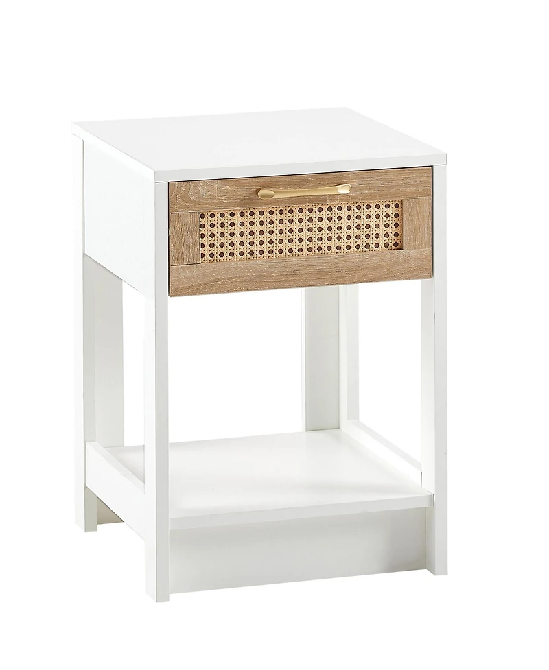 Rainsken Rattan Nightstand, Wooden Bedside Table with Drawer and Open Storage Shelf, End Table for Living Room, Bedroom