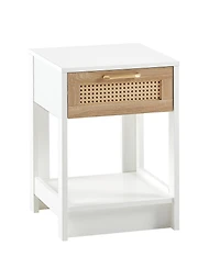 Rainsken Rattan Nightstand, Wooden Bedside Table with Drawer and Open Storage Shelf, End Table for Living Room, Bedroom