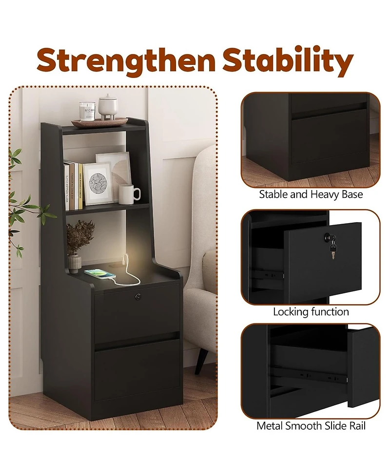 Rainsken Nightstand with Charging Station and Night Light, Lockable Bedside Cabinet Table with 2 Storage Drawers and Bookshelf for Bedroom