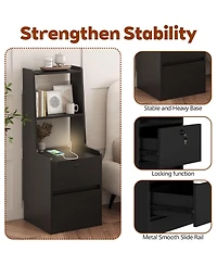 Rainsken Nightstand with Charging Station and Night Light, Lockable Bedside Cabinet Table with 2 Storage Drawers and Bookshelf for Bedroom