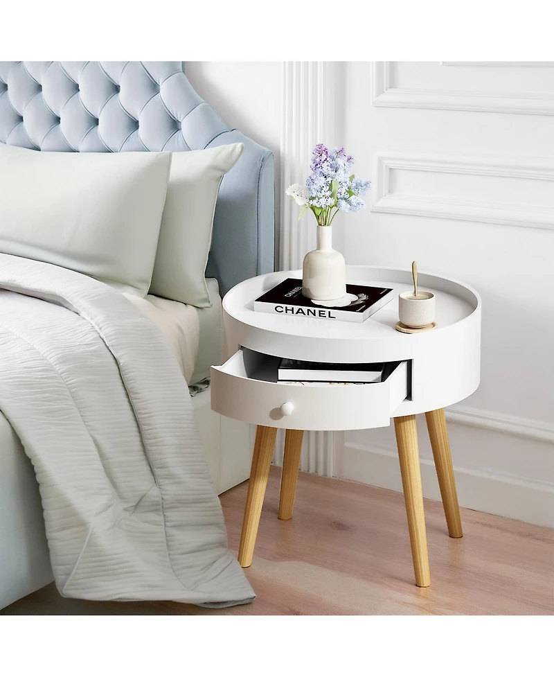 Rainsken Round Nightstand with Storage Drawer, Compact Oak Legs Bedside Table, Sofa Side Coffee Table for Bedroom, Living Room