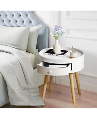 Rainsken Round Nightstand with Storage Drawer, Compact Oak Legs Bedside Table, Sofa Side Coffee Table for Bedroom, Living Room