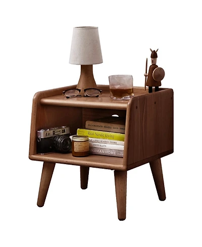 Rainsken Solid Wood Nightstand, Mid Century Modern Bedside Table with Open Storage Shelf for Bedroom, Living Room