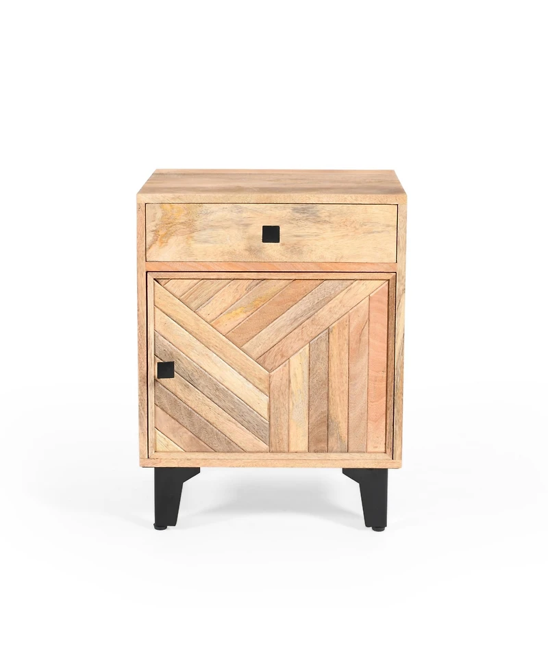 Rainsken Wood Nightstand, Hand-Carved Line Drawing Design, Bedside Table with Drawer and Metal Legs for Bedroom