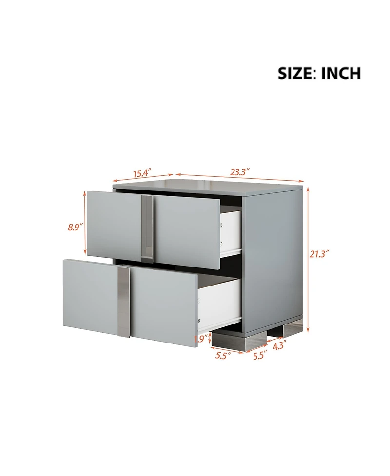 Rainsken 1 Pc Mdf Elegant Nightstand with Silver Mirrored Handle and 2 Drawers Bedside Table