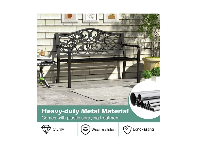 Mondawe 50 Inches Outdoor Cast Iron Metal Patio Bench with Floral Design Backrest and Slatted Seat