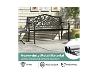 Mondawe 50 Inches Outdoor Cast Iron Metal Patio Bench with Floral Design Backrest and Slatted Seat