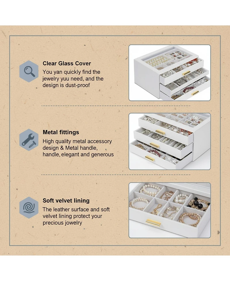 Yigii Leather Jewelry Organizer Clear Lid 2 Drawers for Necklace Ring Bracelet Earring