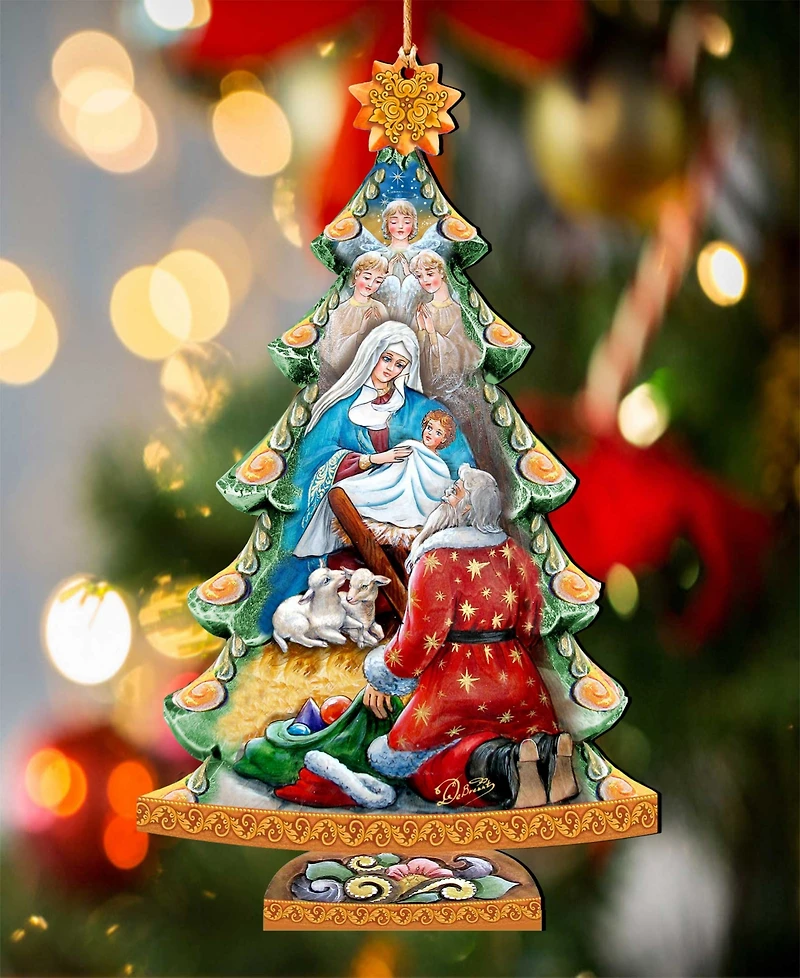 Designocracy Adoration Nativity Tree Christmas Wooden Ornaments Holiday Decor Set of 2 G. DeBrekht