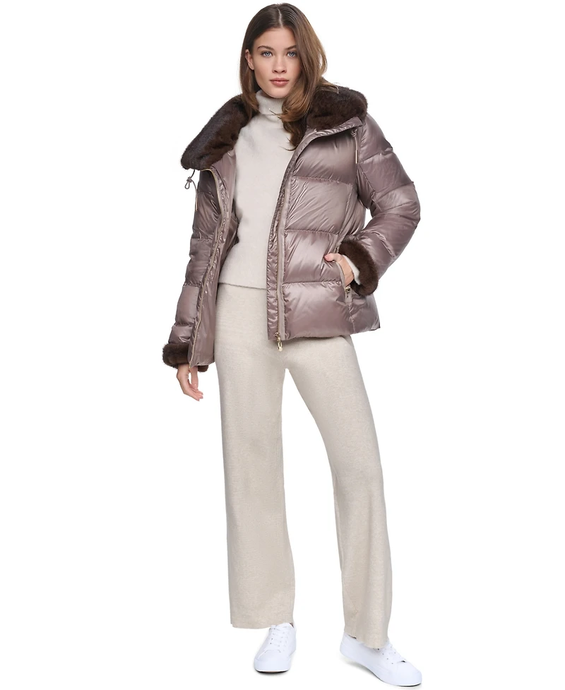 Halston Women's Short Faux Fur Cuffs and Collar Puffer