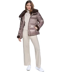 Halston Women's Short Faux Fur Cuffs and Collar Puffer