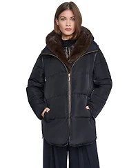 Halston Women's Faux Fur Bibbed Hooded Puffer