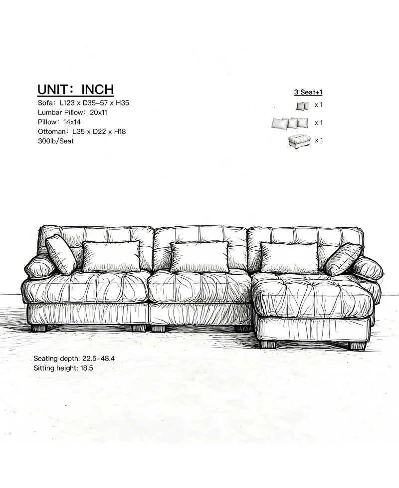 Clihome Modular Sectional Sofa,Cloud Couch, L Shaped Couch with Movable Ottoman Oversized 3-Seater Sofa for Bedroom,5 Pillows