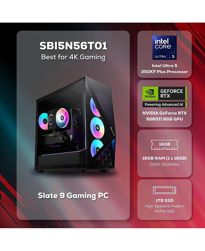 iBUYPOWER Slate SBI5N56T01 Gaming Desktop Computer, Intel Core Ultra 5 250KF Plus 4.2GHz, 16GB Ram, 1TB Ssd, Nvidia GeForce Rtx 5060Ti 8GB, Windows 11