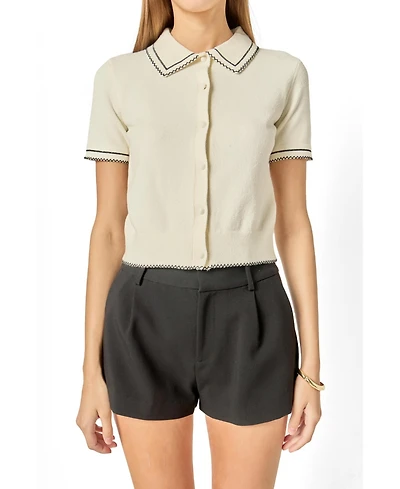 English Factory Women's Collared Short Sleeve Knit Cardigan Sweaters