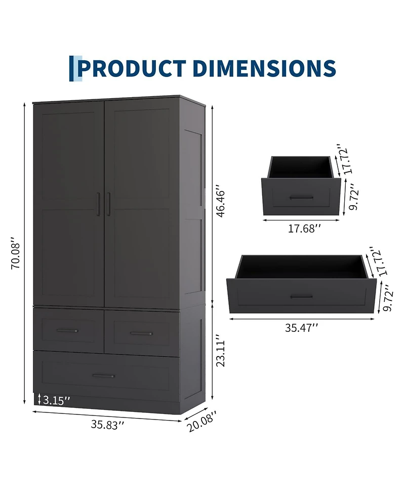gaomon Freestanding Wardrobe Closet with Hanging Rod and 3 Drawers, 70" Tall Wooden Storage Cabinet for Bedroom