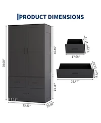 gaomon Freestanding Wardrobe Closet with Hanging Rod and 3 Drawers, 70" Tall Wooden Storage Cabinet for Bedroom