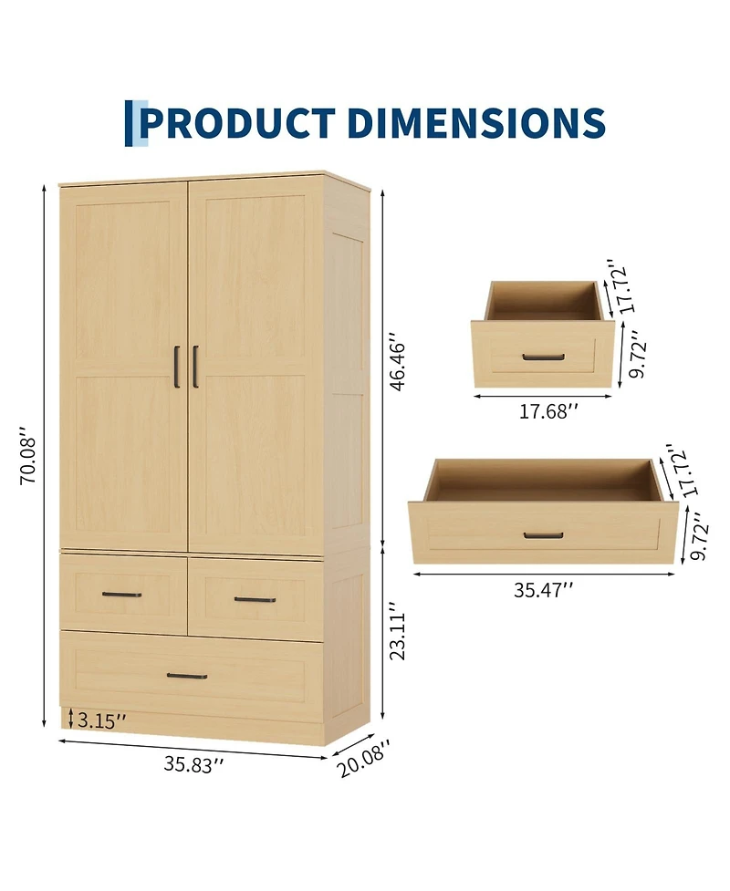 gaomon Freestanding Wardrobe Closet with Hanging Rod and 3 Drawers, 70" Tall Wooden Storage Cabinet for Bedroom
