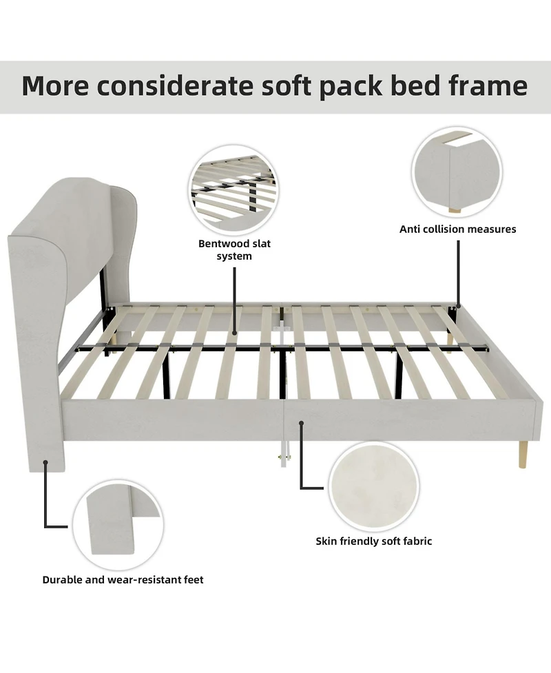 Rainsken Velvet upholstered bed Frame with Headboard, Sturdy and Durable, Wood Slats