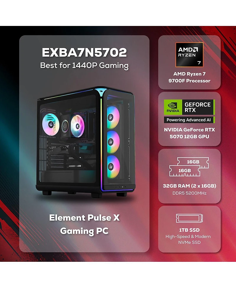 iBUYPOWER Element EXBA7N5702 Gaming Desktop Computer, Amd Ryzen 7 9700F 3.8GHz, 32GB Ram, 1TB Ssd, Nvidia GeForce Rtx 5070 12GB, Windows 11 Home