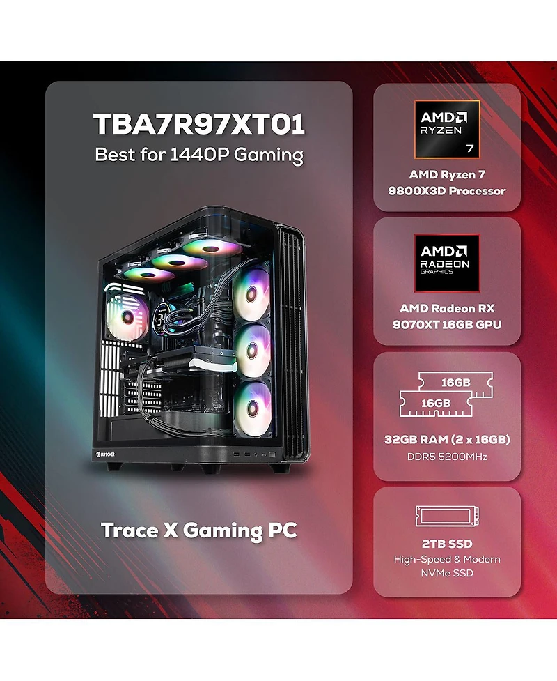 iBUYPOWER Trace TBA7R97XT01 Liquid Cooled Gaming Desktop Computer, Amd Ryzen 7 9800X3D 4.7GHz, 32GB Ram, 2TB Ssd, Amd Radeon Rx 9070XT 16GB, Windows