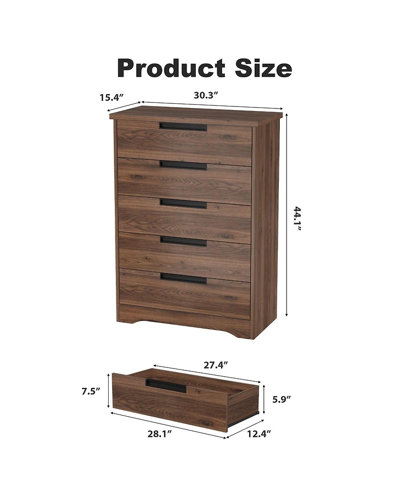 gaomon 5 Drawer Dresser With Embedded Handles, Walnut Wooden Chest For Bedroom, Living Room, Nursery, Hallway