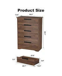 gaomon 5 Drawer Dresser With Embedded Handles, Walnut Wooden Chest For Bedroom, Living Room, Nursery, Hallway