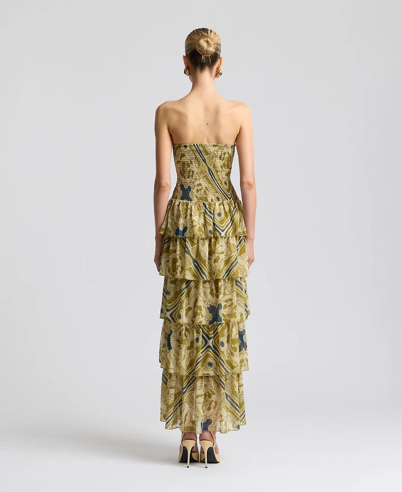 Avec Les Filles Women's Printed Smocked-Bodice Ruffle-Tiered Maxi Dress