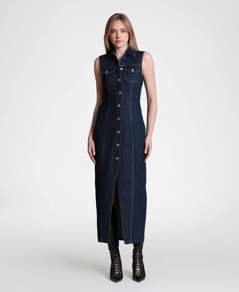 Avec Les Filles Women's Sleeveless Collared Mixed Media Maxi Dress