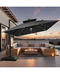 Pellebant Outdoor Patio 9x11FT Aluminum Double Canopy Solar Lights Cantilever Umbrella with Base